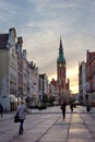 Gdansk, Poland -september19, 2017: sunrise on Dluga street, view on renewed houses and city hall Royalty Free Stock Photo