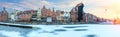 Gdansk winter panorama of the Motlawa embankment with Zuraw Port Crane and other old buildings