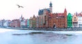 Gdansk winter panorama, view on Mariacka Gate from the Motlawa