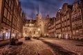 Gdansk winter street and view on Royal Chapel and St Mary`s Church, Poland