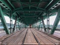 Gdanski bridge, Warsaw, Poland, June, 2018: Tram rail view in an old steel bridge tunnel