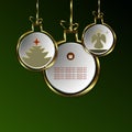 Gdesign from abstract balls with silhouettes of a Christmas tree and an angel with a gold border.