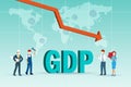 GDP growth graph downfall with diversity career people, world map and covid-19 coronavirus background. Global world economic crisi