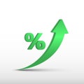 GDP high growth, green arrow up and percent icon. Vector GDP increase, business profit