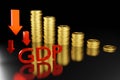 GDP red Arrow go down with stacks of gold coins. The value decreases concept .3d rendering Royalty Free Stock Photo