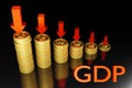 GDP red Arrow go down with stacks of gold coins. The value decreases concept .3d rendering Royalty Free Stock Photo