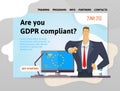 GDPR compliance. General Data Protection Regulation. Businessman pointing out a question in front of computer. Are you