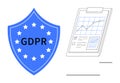 GDPR Compliance Representation with Shield and Business Data Analytics on Clipboard Royalty Free Stock Photo