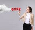 GDPR, concept image. General Data Protection Regulation, the protection of personal data. Young woman working with Royalty Free Stock Photo