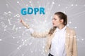 GDPR concept image. General Data Protection Regulation, the protection of personal data. Young woman working with Royalty Free Stock Photo