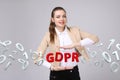 GDPR concept image. General Data Protection Regulation, the protection of personal data. Young woman working with Royalty Free Stock Photo