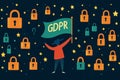 GDPR cybersecurity advocacy concept individual holding digital protection banner against backdrop of secure encryption symbols