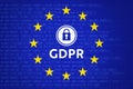 GDPR data protection is being shown in flat design graphic with padlock icon, stars, binary code Royalty Free Stock Photo