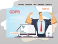 GDPR date. General Data Protection Regulation. Strong businessman in front of computer. Design template of website