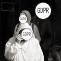 GDPR - an elderly man in Arabic clothes is talking on the phone, his face is covered with the inscription General Data Protection Royalty Free Stock Photo