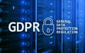 GDPR, General data protection regulation compliance. Server room background.