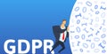 GDPR, General Data Protection Regulation. Man pushing massive digital data cloud on blue background with GDPR text. Flat