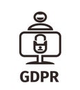 GDPR - General Data Protection Regulation. Personsl data. Schematic image. A man sits at the computer and rejoices. Lock