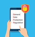 GDPR General Data Protection Regulation. Vector tablet lock hand flat design illustration. Safety concept. Royalty Free Stock Photo