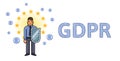 GDPR and online security. Man with a shield among European stars and personal accounts. GDPR letters. General Data