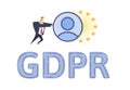 GDPR protection and compliance. Personal data security. Man pushing personal account towards European Union stars. Flat