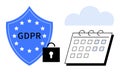 GDPR Shield with Lock, Cloud, and Calendar Highlighting Data Privacy Protection and Compliance Royalty Free Stock Photo