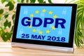 GDPR on the touch screen of the tablet .General Data Protection Regulation concept may 25, 2018 Royalty Free Stock Photo