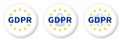 GDPR white circle sticker set with the EU flag, the padlock icon and paragraph marks.