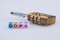 GDPR word text written on colorful cube with padlock on white ba Royalty Free Stock Photo