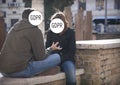 GDPR - a young couple has a tense conversation, their faces are hidden by the inscription General Data Protection Regulation.