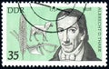 GDR - CIRCA 1977: stamp 35 East German pfennig printed in Germany GDR, DDR shows portrait of Thaer Albrecht Daniel, sheep, plow