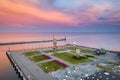 Gdynia, Poland - July 4, 2021: Sails monument on Baltic Sea square at sunset, Gdynia. This metal artistic shaped monument is a