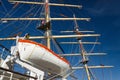 Polish sail training ship Dar Mlodziezy the Gift of Youth in Gdynia port over Baltic Sea