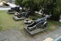 Ancient ship cannons in the Naval Museum in Gdynia. Poland. Royalty Free Stock Photo