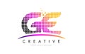 GE G E Letter Logo Design with Magenta Dots and Swoosh