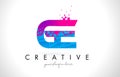 GE G E Letter Logo with Shattered Broken Blue Pink Texture Design Vector.