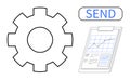 Gear, Clipboard with Analytics Chart, and Send Button Representing Workflow and Data Processing Royalty Free Stock Photo
