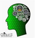 Gear background inside green head brain, idea, innovate and creative