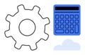 Gear beside calculator and cloud symbolizing process automation and digital computation Royalty Free Stock Photo
