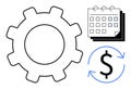 Gear, Calendar, and Dollar with Arrows Representing Process, Time Management, and Financial Flow Royalty Free Stock Photo