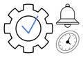 Gear with Checkmark, Bell, and Clock Representing Notification, Settings, and Time Management Royalty Free Stock Photo