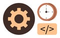 Gear, Clock, and Coding Tag Representing Process, Time Management, and Development Concepts Royalty Free Stock Photo