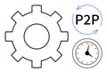 Gear, Clock, and P2P Arrows Representing Process, Time, and Peer-to-Peer Concept Royalty Free Stock Photo