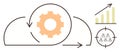 Cloud-based gear with growth chart, arrows, and team focus representing process and achievement Royalty Free Stock Photo