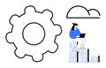 Person working on laptop atop bar graph beside large gear and cloud representing data and process Royalty Free Stock Photo