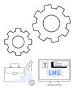 Gear cogs with computer screen displaying text editor, portfolio, growth chart, and dollar symbol