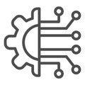 Gear connection line icon. Gear with chip circuit, hardware or software symbol, outline style pictogram on white