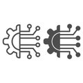 Gear connection line and solid icon. Gear with chip circuit, hardware or software symbol, outline style pictogram on