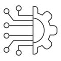 Gear connection thin line icon. Gear with chip circuit, hardware or software symbol, outline style pictogram on white