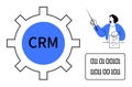Customer Relationship Management Concept with Gear, Woman Explaining, and Binary Code Elements Royalty Free Stock Photo